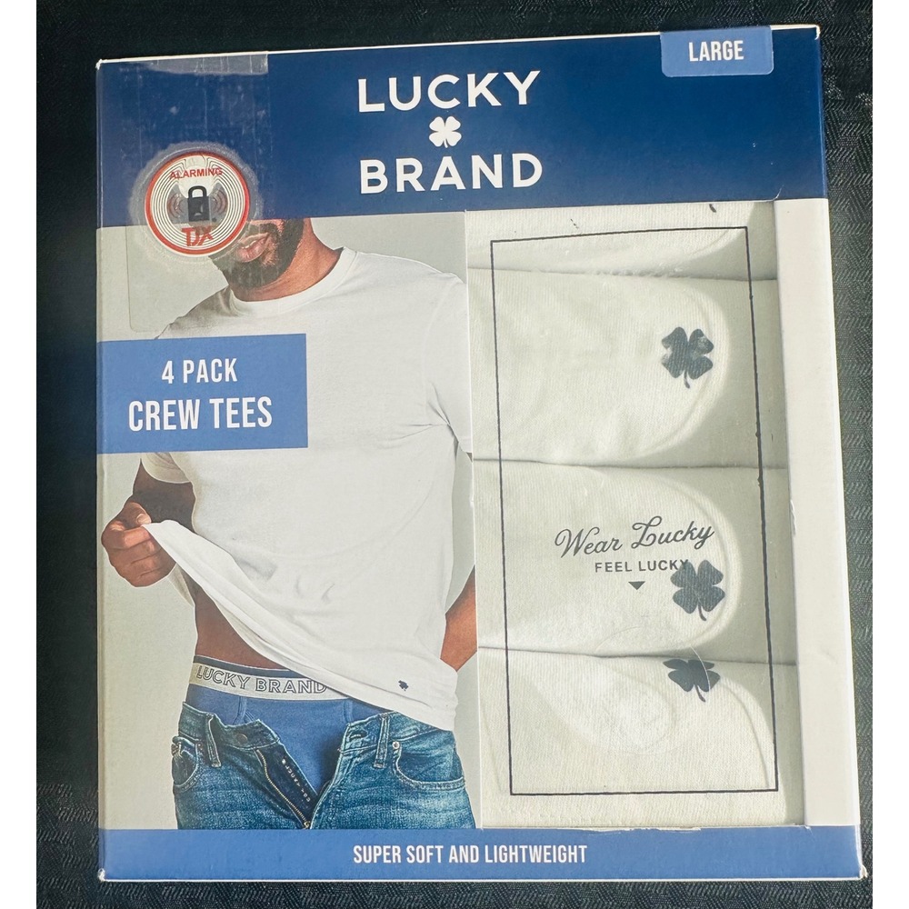 Lucky Brand Mens Large 4 Pack Crew Neck T Shirts White Cotton Blend NEW Sealed